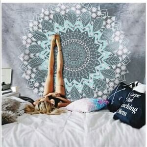 URBAN OUTFITTERS Boho Mandala Grey and Blue Geometric Tapestry Wall Hanging